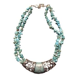 Junoesque Blue Turquoise stone necklace double layer Womens with silver pendant